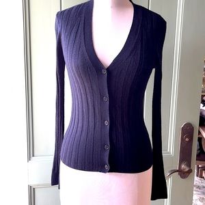 NILI LOTAN Brenna Navy Ribbed V-Neck Ribbed Merino-blend Cardigan Sweat…